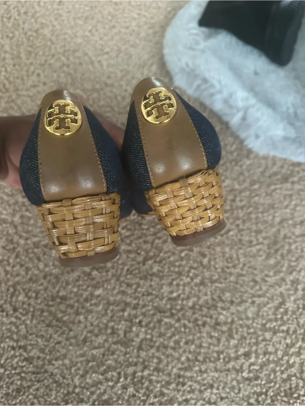 Tory Burch Navy Denim Ballet Flats with Tan Trim